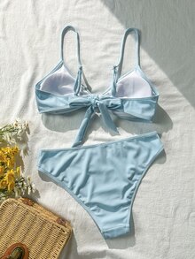 Swim Vcay 女款兩件式比基尼泳衣套裝，小羅紋飾邊，雙肩帶，胸前蝴蝶結裝飾，高腰，休閒海灘度假泳衣 - 淺藍色 - 查看 4