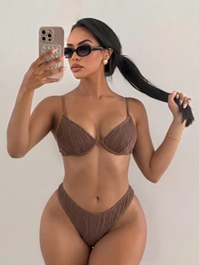 Swim SXY Women Summer Beach Fashionable Push Up Underwire Bra & Swim Bottom Bikini Set Bathing Suit - Brown - View 3