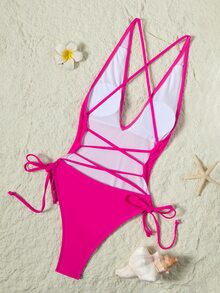 Swim SXY Summer Beach Drawstring Plunging One Piece Swimsuit - Hot Pink - View 13