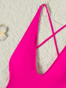 Swim SXY Summer Beach Drawstring Plunging One Piece Swimsuit - Hot Pink - View 8