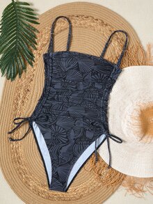 Swim Vcay 女款度假海灘派對印花布料連身泳衣海灘裝 深灰色 夏季熱帶風 - 黑色 - 查看 2