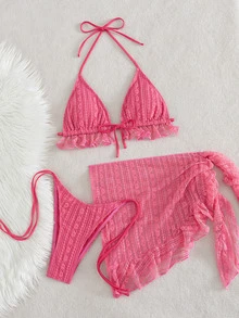 Swim Mod 3pcs Women's Solid Color Ruffle Halter Bikini Set With Knotted Skirt Beach Vacation Party Hot Pink Summer Sexy Cute Tropical Tropical - Watermelon Pink - View 2