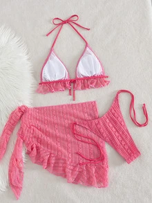 Swim Mod 3pcs Women's Solid Color Ruffle Halter Bikini Set With Knotted Skirt Beach Vacation Party Hot Pink Summer Sexy Cute Tropical Tropical - Watermelon Pink - View 6