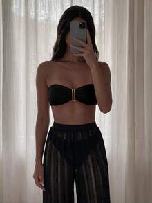 SHEIN Swim Women's 3 Pieces Beach Swimwear Set With Metal Buckle Ruched Bandeau Top, Triangle Bikini Bottoms And Hollow Out Long Pants - Black - View 5