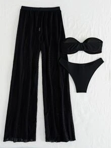 SHEIN Swim Women's 3 Pieces Beach Swimwear Set With Metal Buckle Ruched Bandeau Top, Triangle Bikini Bottoms And Hollow Out Long Pants - Black - View 7