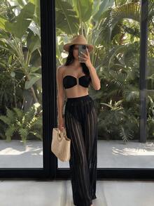 SHEIN Swim Women's 3 Pieces Beach Swimwear Set With Metal Buckle Ruched Bandeau Top, Triangle Bikini Bottoms And Hollow Out Long Pants - Black - View 4