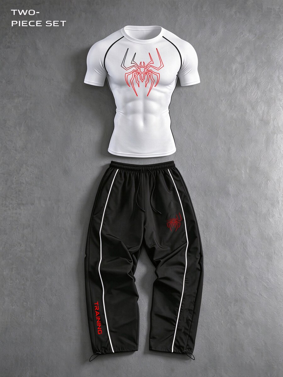 RISE LYT Men Spider Graphic Print 2 Piece Workout Set, Quick Dry Compression T-Shirt & Drawstring Jogger Pants - White - View 1