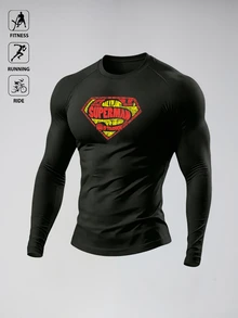 SUPERMAN X SHEIN Gym Rark Men Diamond Text Graphic Print Crew Neck Compression Long Sleeve, Quick Dry Gym Running Training Shirt - Black - View 3