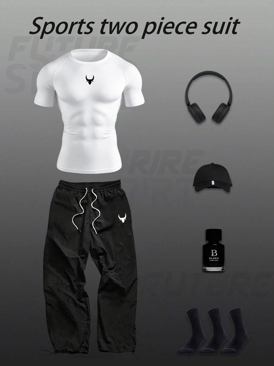 Gym Rark Men's Comfortable Two-Piece Sports Outfit With Short Sleeve Top And Cropped Bottoms Gym Set Workout Set Compression Shirt , Lightweight - Black and White - View 1