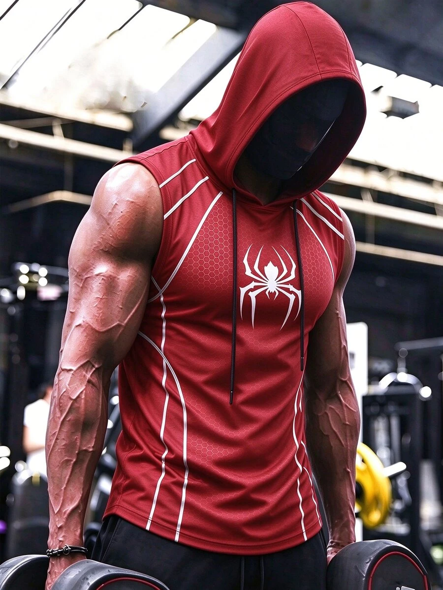 GymBeat Men Spider Graphic Print Hooded Sleeveless Compression Tank, Quick Dry Gym Workout Vest - Multicolor - View 1
