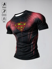 SUPERMAN X SHEIN Gym Rark 男士漸層網格鑽石圖案印花圓領壓縮短袖快乾健身運動上衣 - 彩色 - 查看 3