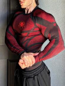 GymBeat 男士圓領壓縮長袖上衣，抽象蜘蛛網紋理印花，快乾彈性修身健身運動上衣 - 彩色 - 查看 3