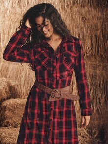 SHEIN Ladies' Christmas Dress: Elegant Red Plaid, Fitted With Button Design, Long Shirt-Style Dress Perfect For New Year And Holiday Outfits - Red - View 5