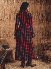 SHEIN Ladies' Christmas Dress: Elegant Red Plaid, Fitted With Button Design, Long Shirt-Style Dress Perfect For New Year And Holiday Outfits - Red - View 2