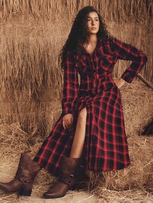 SHEIN Ladies' Christmas Dress: Elegant Red Plaid, Fitted With Button Design, Long Shirt-Style Dress Perfect For New Year And Holiday Outfits - Red - View 3