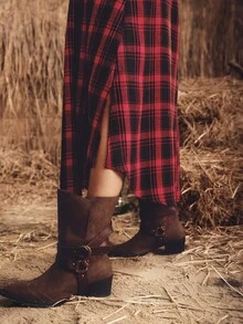 SHEIN Ladies' Christmas Dress: Elegant Red Plaid, Fitted With Button Design, Long Shirt-Style Dress Perfect For New Year And Holiday Outfits - Red - View 4