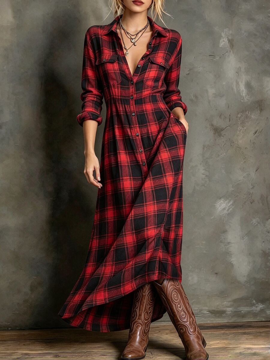 SHEIN Ladies' Christmas Dress: Elegant Red Plaid, Fitted With Button Design, Long Shirt-Style Dress Perfect For New Year And Holiday Outfits - Red - View 1