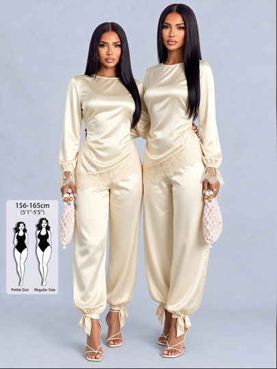 SOLERSUN Tall Women's Fall Party Lounge Commute Elegant Romantic Streetwear Beige Satin Round Neck Long Sleeve Lace Trim Waist Tie Top Pants 2 Pieces Set