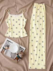SHEIN Tween Girl Sweet Minimalist Pale Yellow Camisole Lace Patchwork 3D Ribbon Bow Decor Knit Butterfly Print Tank Top And Straight Leg Long Pants 2 Pieces Loungewear Set, Pale Yellow - Yellow - View 2