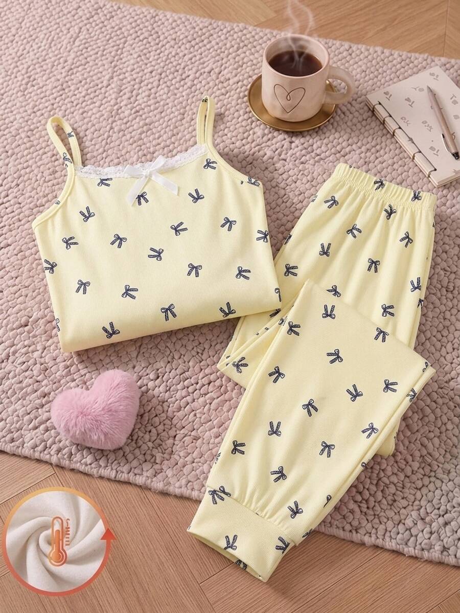 SHEIN Tween Girl Sweet Minimalist Pale Yellow Camisole Lace Patchwork 3D Ribbon Bow Decor Knit Butterfly Print Tank Top And Straight Leg Long Pants 2 Pieces Loungewear Set, Pale Yellow - Yellow - View 1