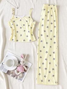SHEIN Tween Girl Sweet Minimalist Pale Yellow Camisole Lace Patchwork 3D Ribbon Bow Decor Knit Butterfly Print Tank Top And Straight Leg Long Pants 2 Pieces Loungewear Set, Pale Yellow - Yellow - View 6