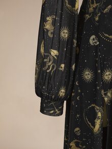 ROMWE Plus Size Hippie Dark Romantic Style Skull Star Moon Print Cinched Waist High Slit Floor Length Dress For Holiday Party - Black - View 3