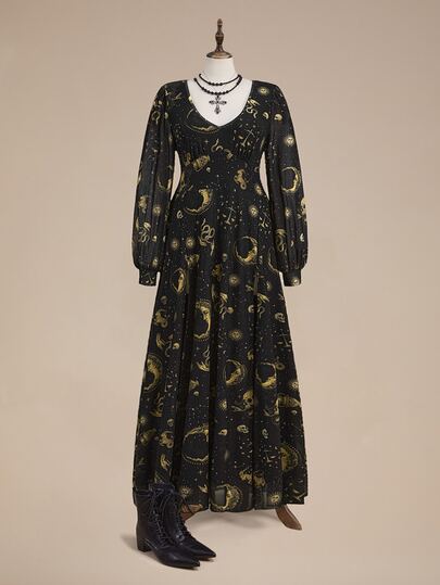 ROMWE Plus Size Hippie Dark Romantic Style Skull Star Moon Print Cinched Waist High Slit Floor Length Dress For Holiday Party