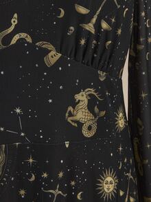 ROMWE Plus Size Hippie Dark Romantic Style Skull Star Moon Print Cinched Waist High Slit Floor Length Dress For Holiday Party - Black - View 4
