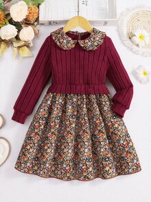 SHEIN Young Girls Elegant Claret Knit Ribbed Patchwork Ditsy Dark-Ground Ditsy Floral Ruffle Collar Dress, Autumn/Winter - Burgundy - View 5