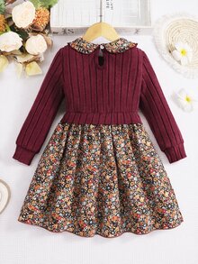 SHEIN Young Girls Elegant Claret Knit Ribbed Patchwork Ditsy Dark-Ground Ditsy Floral Ruffle Collar Dress, Autumn/Winter - Burgundy - View 2