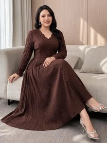 Feyla Plus Size Women Solid Color V-Neck Long Sleeve Single-Breasted Elegant Dress - Coffee Brown - View 1