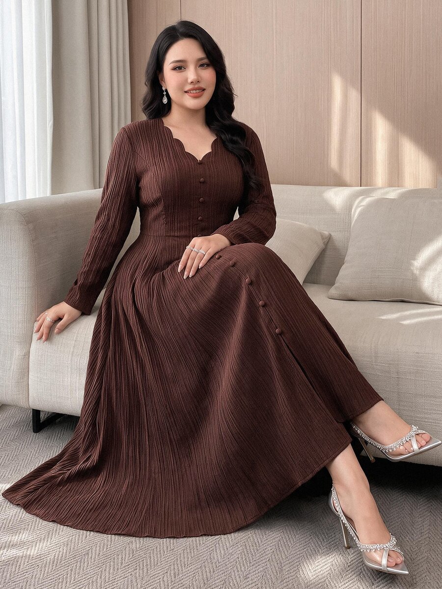 Feyla Plus Size Women Solid Color V-Neck Long Sleeve Single-Breasted Elegant Dress - Coffee Brown - View 1