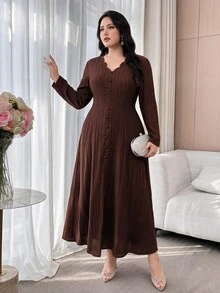 Feyla Plus Size Women Solid Color V-Neck Long Sleeve Single-Breasted Elegant Dress - Coffee Brown - View 4