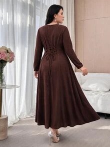 Feyla Plus Size Women Solid Color V-Neck Long Sleeve Single-Breasted Elegant Dress - Coffee Brown - View 2