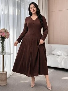 Feyla Plus Size Women Solid Color V-Neck Long Sleeve Single-Breasted Elegant Dress - Coffee Brown - View 3