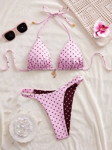 Swim Mod 女士夏季新款海滨度假时尚甜美可爱撞色波点印花双面露背系带性感比基尼套装 - 彩色 - 查看 3