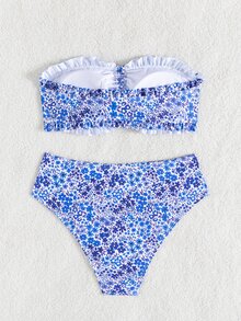 Swim Mod 女士可爱碎花吊带荷叶边甜心珍珠吊坠抽绳比基尼泳装套装，海滩夏日度假装 - 彩色 - 查看 4