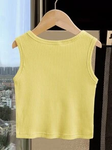 SHEIN Genkimix Girls Hollow Heart Embroidered Casual Baby Sleeveless Top, Comfortable Versatile Solid Color Tank Beach Yellow Summer - Yellow - View 3