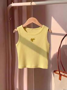 SHEIN Genkimix Girls Hollow Heart Embroidered Casual Baby Sleeveless Top, Comfortable Versatile Solid Color Tank Beach Yellow Summer - Yellow - View 5