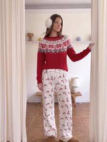 Comfortcana Women's Christmas Print Round Neck Long Sleeve Sweater - Red - View 10