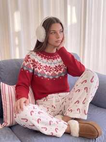 Comfortcana Women's Christmas Print Round Neck Long Sleeve Sweater - Red - View 8
