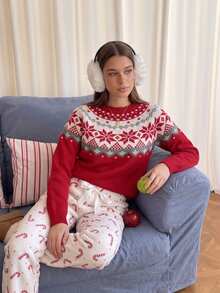 Comfortcana Women's Christmas Print Round Neck Long Sleeve Sweater - Red - View 6