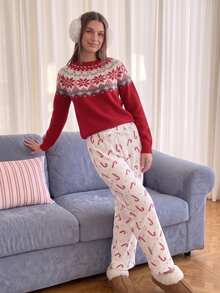Comfortcana Women's Christmas Print Round Neck Long Sleeve Sweater - Red - View 9