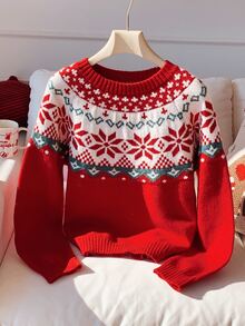 Comfortcana Women's Christmas Print Round Neck Long Sleeve Sweater - Red - View 3