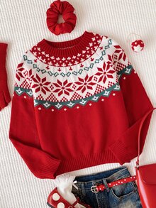 Comfortcana Women's Christmas Print Round Neck Long Sleeve Sweater - Red - View 1