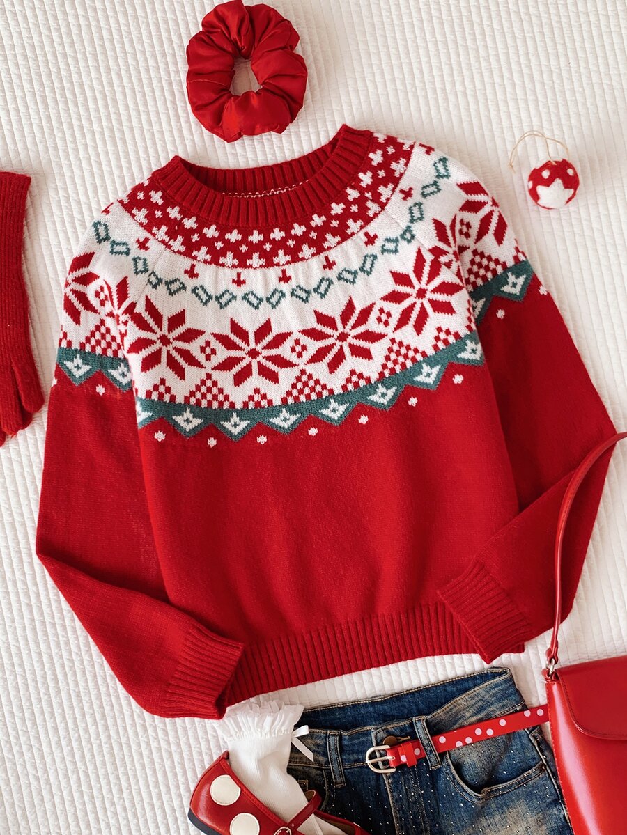 Comfortcana Women's Christmas Print Round Neck Long Sleeve Sweater - Red - View 1