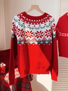 Comfortcana Women's Christmas Print Round Neck Long Sleeve Sweater - Red - View 2
