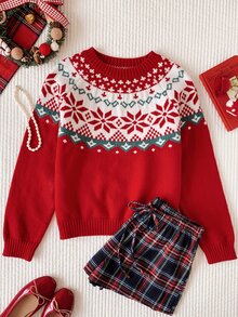Comfortcana Women's Christmas Print Round Neck Long Sleeve Sweater - Red - View 4