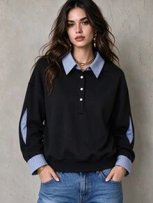 INAWLY Women's Casual Patchwork 2 In 1 Shirt Collar Contrast Color Sweatshirt, Loose Fit Casual Daily Crop Top, Autumn/Winter - Navy Blue - View 1