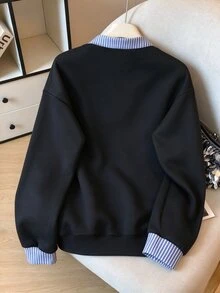 INAWLY Women's Casual Patchwork 2 In 1 Shirt Collar Contrast Color Sweatshirt, Loose Fit Casual Daily Crop Top, Autumn/Winter - Navy Blue - View 2